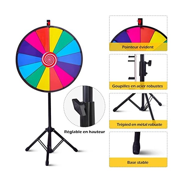 COSTWAY Roue de la Fortune 24 Pouces avec Trépied 14 Slot, Prize Wheel ∅60CM Rétractile 114-156CM avec Brosse et Stylo Effaça