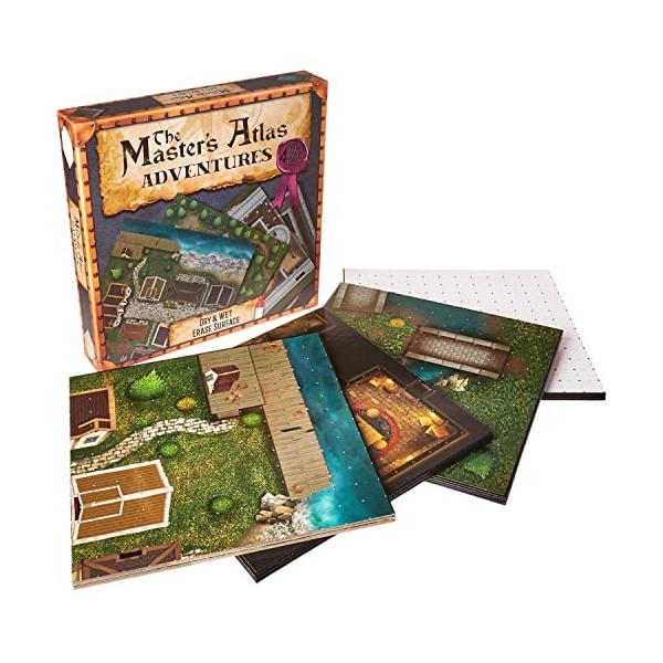 The Masters Atlas : Adventures, lot de 4 planches de jeu réversibles + guide dhistoire de la tour Necromancers Tour – 8 ca