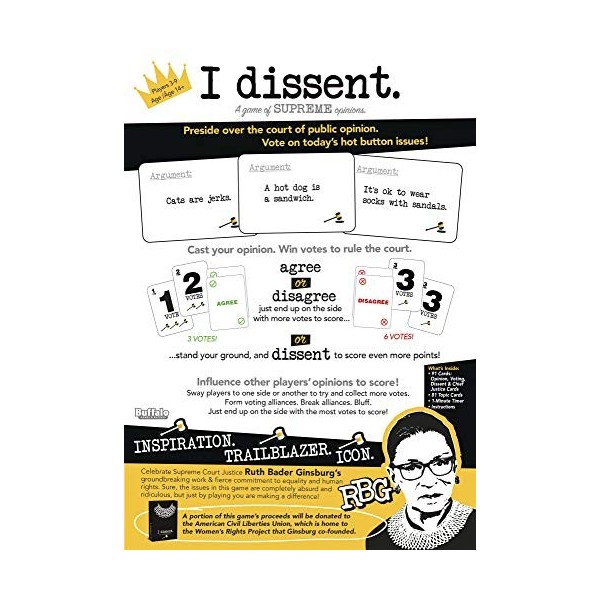 I Dissent. Jeu de société – Un jeu dopinions Supereme Ruth Bader Ginsberg RBG