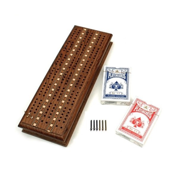 Cabinet Cribbage Set - Solid Oak Medium Stained Wood with Inlay Sprint 3 Track Board with Metal Pegs & 2 Decks of Cards