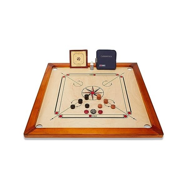 Uber Games Carrom Jeu dadresse en bois de manguier poli Pions, palet et poudre inclus Surface du plateau de jeu 74 x 74 cm É