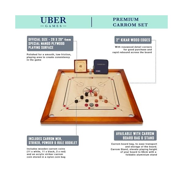 Uber Games Carrom Jeu dadresse en bois de manguier poli Pions, palet et poudre inclus Surface du plateau de jeu 74 x 74 cm É