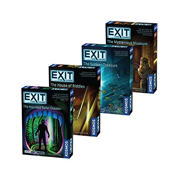 EXIT : The Game Escape Room Lot de 4 dessous-de-verre à roulettes hantées, trésor enflammé, musée mystérieux, maison de devin