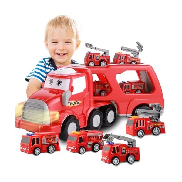Sinjuru Camion Pompier Jouet pour Enfant - 5 en 1 Camion Jouet - Educatif  pour Cadeau Garcon 2 3 4 5 6 Ans