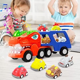 BIBIELF Jouets pour garçons et filles de 2 à 3 ans, jouet dinosaure voitures de transport avec 8 véhicules à tirer, jouets po