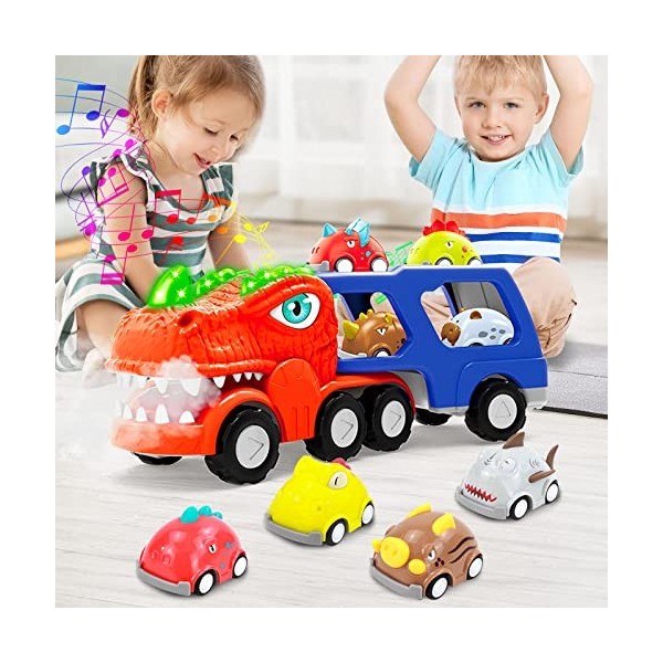 BIBIELF Jouets pour garçons et filles de 2 à 3 ans, jouet dinosaure voitures de transport avec 8 véhicules à tirer, jouets po