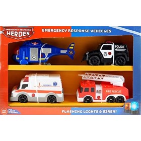 KandyToys 4 véhicules de secours lumineux et sonores : hélicoptère, voiture, ambulance, camion de pompiers