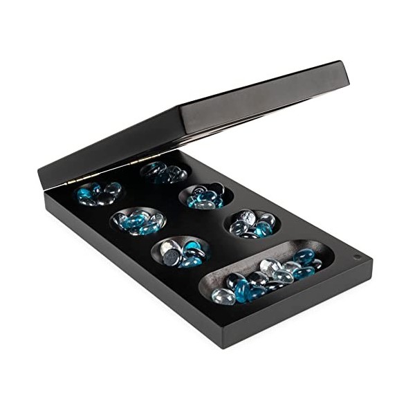 Legacy Deluxe Mancala Jeu classique avec plateau de jeu pliable en bois et pierres en verre colorées, jeu familial pour enfan