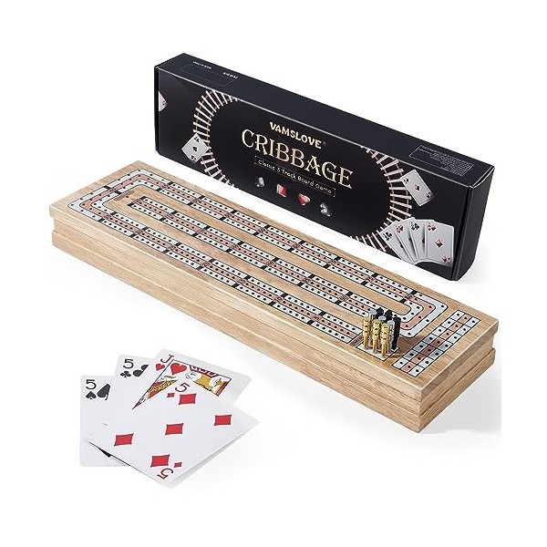 VAMSLOVE Jeu de société Cribbage de 38,1 cm avec emplacements de rangement pour lot de 2 cartes à jouer et 9 chevilles métall