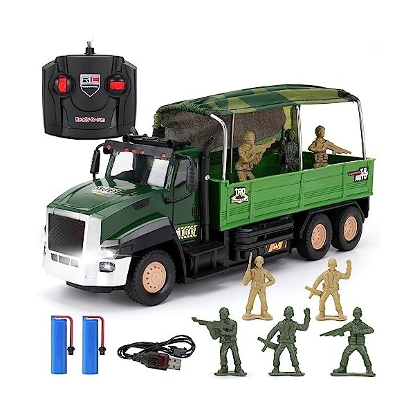 JuanKidbo Jouets de camions Militaires RC et 8 Figurines de Soldats, Voiture de Jouets de larmée télécommandée, Jouets de vé