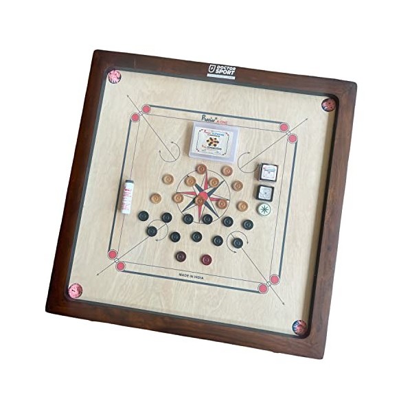 Planche carrom Precise - Avec coins en noyer - 12 kg - Planche de 6 mm - Champion du monde en Inde - Complète avec pierres, s