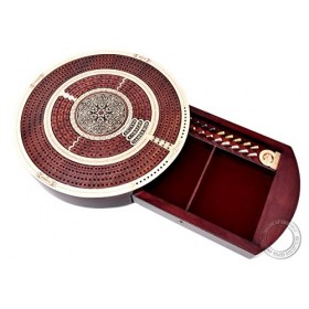 House of Cribbage - Planche de cribbage continue de forme ronde à 4 pistes en érable/bois de sang avec tiroir poussoir et pla
