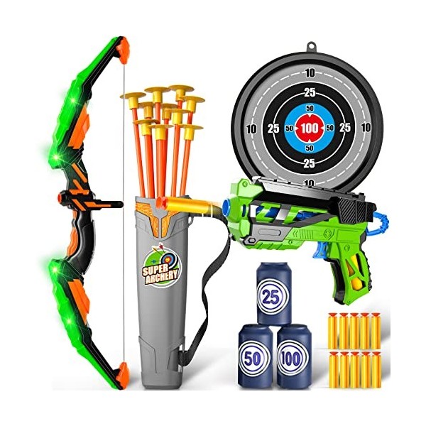 Doloowee Arc et Flèches pour Enfants Jouets avec Lumières LED - 27Pcs Archery Set Includes 1 Bow, 10 Suction Cups Arrows Targ