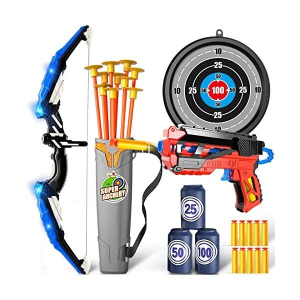 Doloowee Arc et Flèches pour Enfants Jouets avec Lumières LED - 27Pcs Archery Set Includes 1 Bow, 10 Suction Cups Arrows Targ