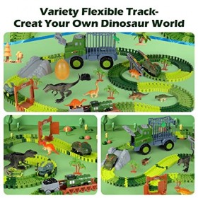 JuanKidbo Dinosaure Circuit Jouet, Dinosaure Jouet Circuit Voiture, Voiture Circuit Dinosaure avec Lumières et 6 Figurines Di