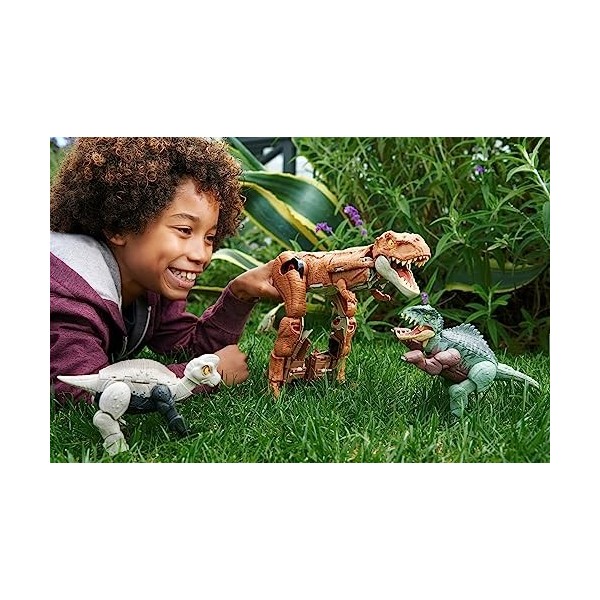 Jurassic World Figurine Transformable Massive Stretch 2 en 1 Giganotosaurus Et Nasutoceratops, 16 Étapes, Collection Transfor