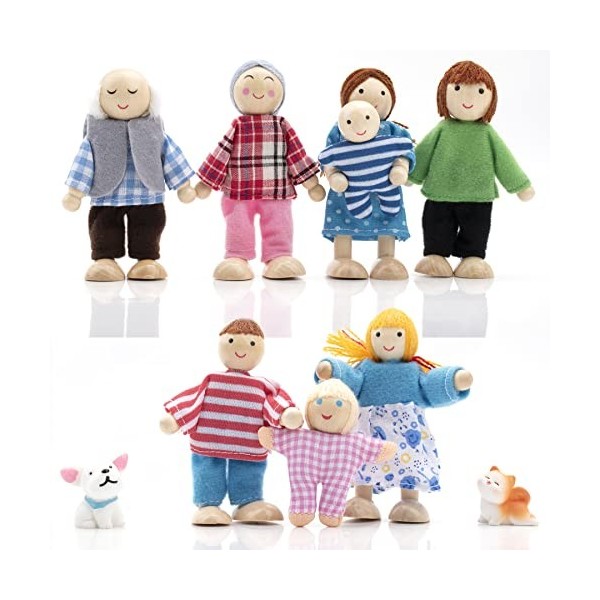 Ensemble Famille Poupées en Bois pour Maison avec Chat et Chien, Personnages de Maison de Poupée pour Accessoires de Jeu de R