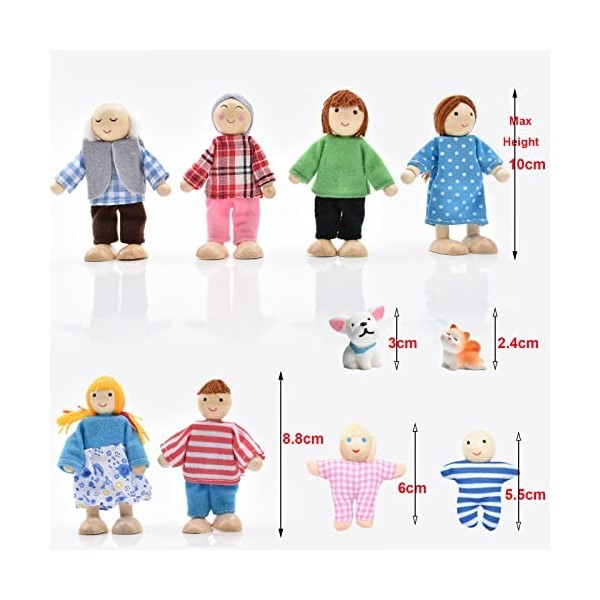 Ensemble Famille Poupées en Bois pour Maison avec Chat et Chien, Personnages de Maison de Poupée pour Accessoires de Jeu de R