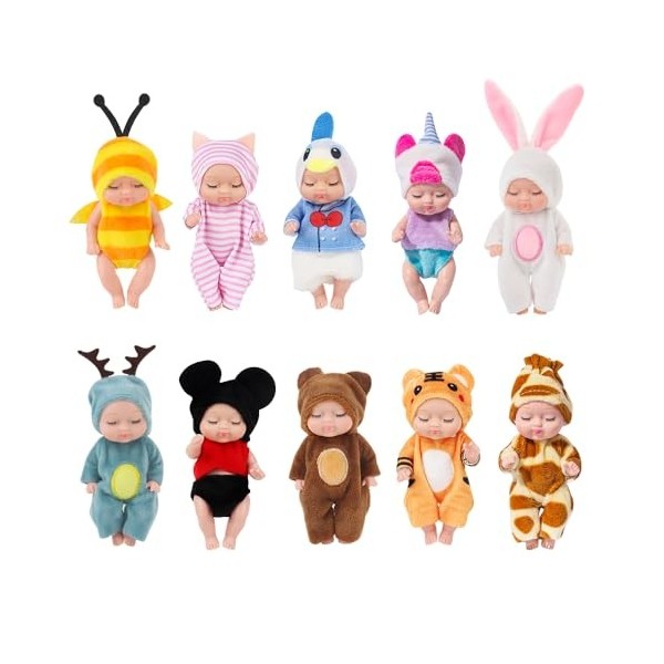 Fivtsme Mini Poupées Reborn, Lot de 10 Poupées Bebe, 4 Pouces Mini Poupées Réalistes de Nouveau-Né avec Des Vêtements, Jouet 