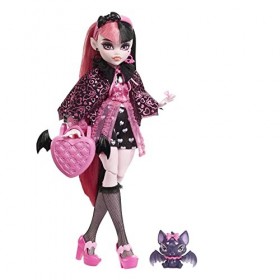 Monster High Poupée Draculaura avec Accessoires Et Chauve-Souris De Compagnie, Poupée Mode Articulée, Cheveux Noirs Et Roses,