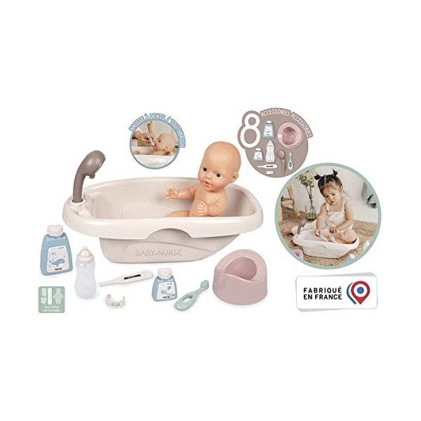 Smoby - Baby Nurse - Set Baignoire et Accessoires - pour Poupons et Poupées - 8 Accessoires Inclus - 220366 - Beige