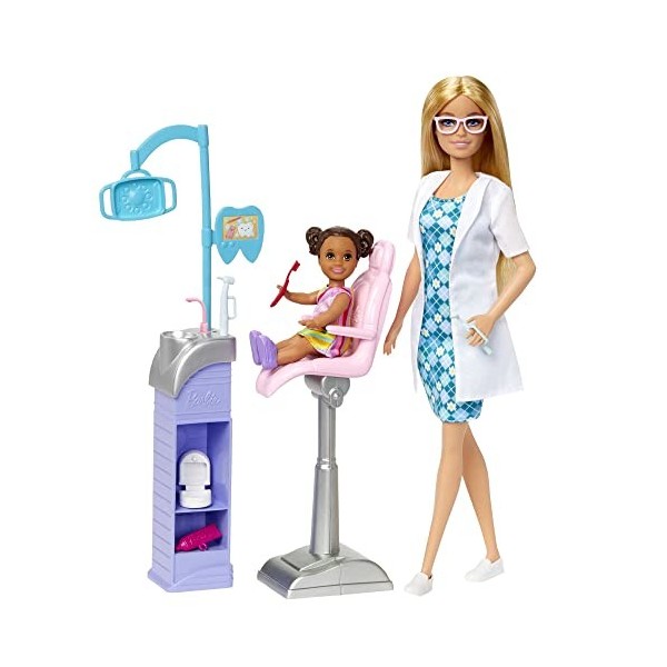 Barbie ​Métiers Coffret Dentiste Avec 2 Poupées, Fauteuil De Dentiste, Station De Travail Pour Dentiste Et Accessoires, Jouet