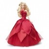 Barbie Poupée Mannequin Joyeux Noël 2022 Cheveux Blonds Ondulés , avec Socle, avec robe rouge flamboyante, à collectionner, 