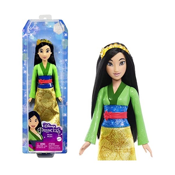 Princesses Disney Poupée Mulan articulée avec tenue scintillante et accessoires dont chaussures et diadème, Jouet Enfant, Dès