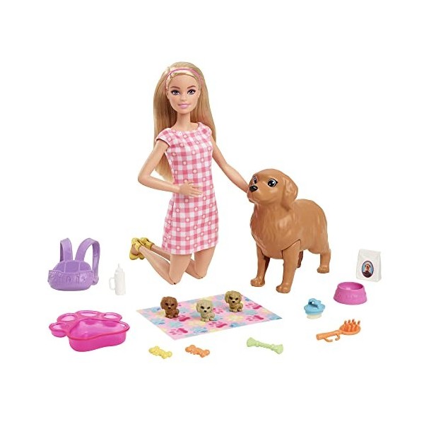 Barbie - Naissance des Chiots - Coffret avec Poupée Articulée, 1 Chienne et ses 3 Chiots - Nombreux Accessoires de Soins - 29