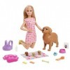 Barbie - Naissance des Chiots - Coffret avec Poupée Articulée, 1 Chienne et ses 3 Chiots - Nombreux Accessoires de Soins - 29