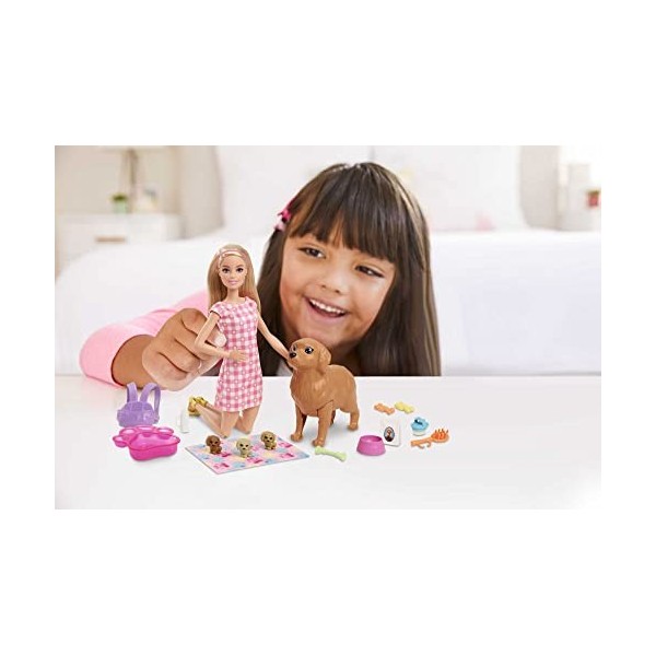 Barbie - Naissance des Chiots - Coffret avec Poupée Articulée, 1 Chienne et ses 3 Chiots - Nombreux Accessoires de Soins - 29