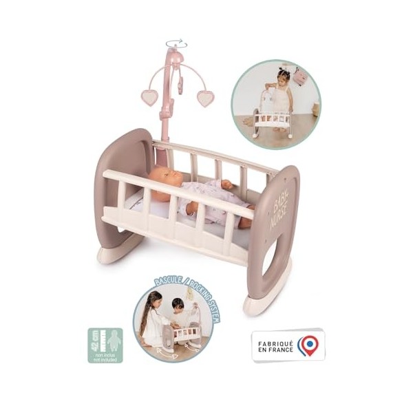 Smoby - Baby Nurse - Berceau à Barreaux - pour Poupons et Poupées - Lit avec Système de Bascule + 1 Mobile - 220372 - Beige