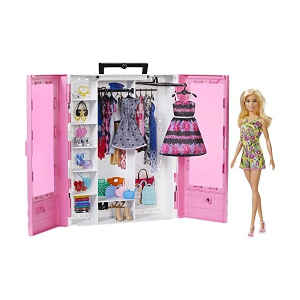 Barbie Fashionistas Le Dressing de Rêve rose et poupée blonde, fourni avec cintres et plus de 15 accessoires, jouet pour enfa