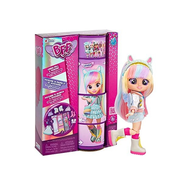 BFF BY CRY BABIES Jenna | Poupée Fashion à Collectionner avec Cheveux Longs, Vêtements en tissu et 9 Accessoires - Jouet Cade