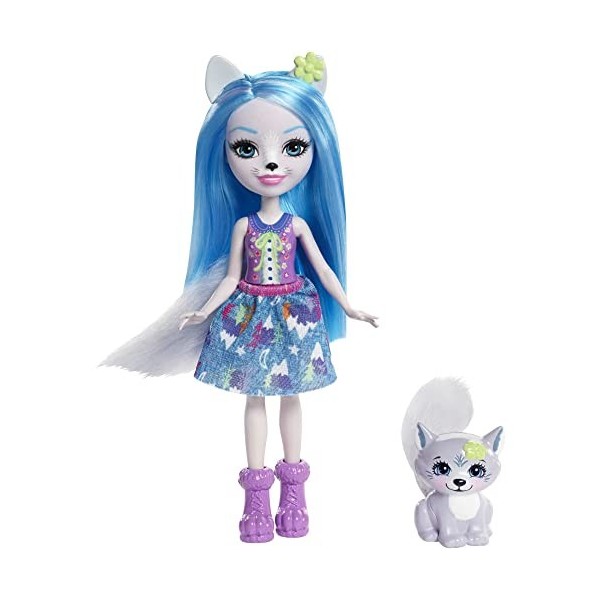 Enchantimals Mini-poupée Winsley Loup et Figurine Animale Trooper, aux cheveux bleus avec jupe à motifs en tissu, jouet enfan