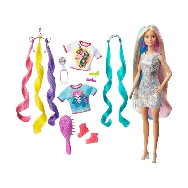 Barbie Cheveux Fantastiques poupée blonde aux longs cheveux brillants avec 2 serre-têtes fantaisie et accessoires, jouet pour