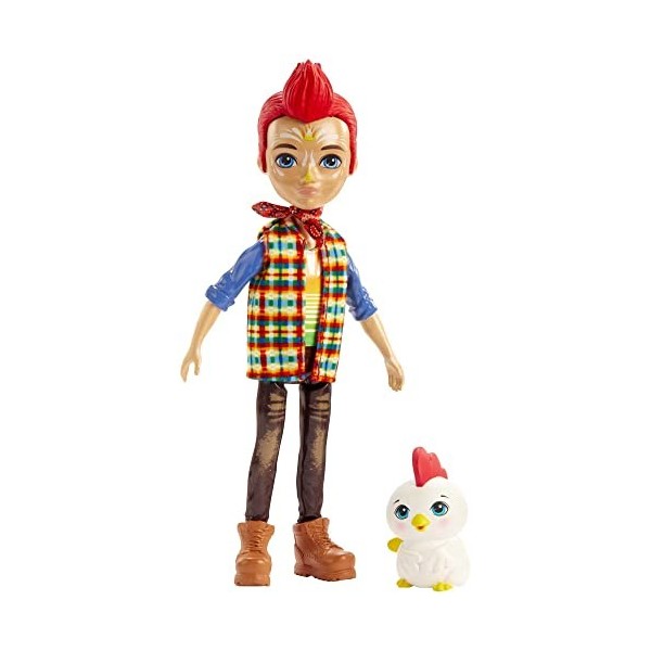 ENCHANTIMALS mini-poupée Redward Coq et figurine animale Cluck avec bandana, t-shirt, jean et chaussures, jouet pour enfant, 