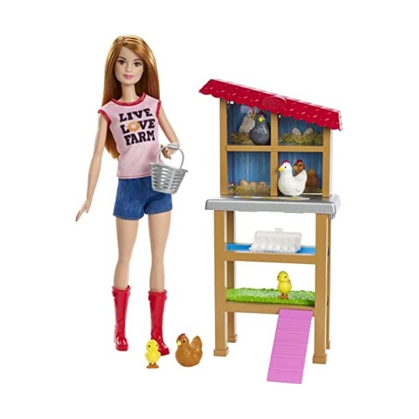 Barbie Métiers coffret poupée Fermière Rousse avec poulailler, 3 Poules, 2 Poussins et accessoires, jouet pour enfant, FXP15