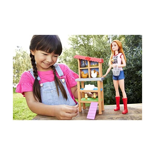 Barbie Métiers coffret poupée Fermière Rousse avec poulailler, 3 Poules, 2 Poussins et accessoires, jouet pour enfant, FXP15