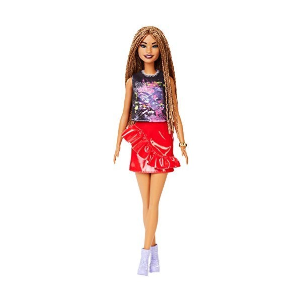 Barbie Fashionistas poupée mannequin 123 aux cheveux tressés avec jupe à volant rouge et baskets montantes, jouet pour enfan