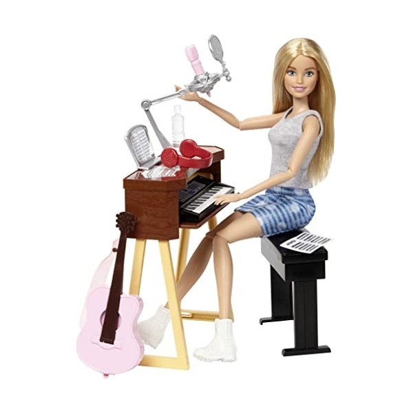 Barbie Métiers poupée Musicienne blonde avec haut gris et guitare rose, jouet pour enfant, FCP73