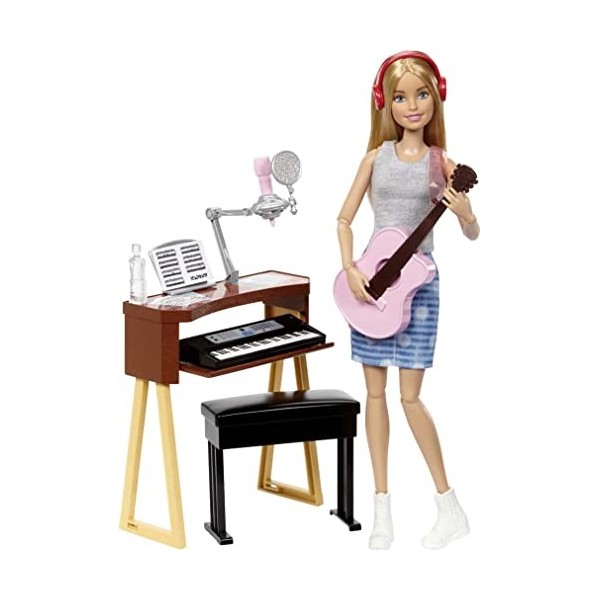 Barbie Métiers poupée Musicienne blonde avec haut gris et guitare rose, jouet pour enfant, FCP73