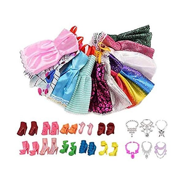 Gintdinpu Ensemble de 26 vêtements et Accessoires pour poupée Barbie, 10 Robes + 10 Chaussures + 6 Bijoux, Tenues de Mode, Co