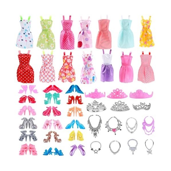 JKDHJK 32 vêtements de poupée Barbie, 10 Habits 10 Paires Chaussures 6 Colliers 6 Couronnes Style Aléatoire Vêtements Barbie 