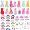 JKDHJK 32 vêtements de poupée Barbie, 10 Habits 10 Paires Chaussures 6 Colliers 6 Couronnes Style Aléatoire Vêtements Barbie 