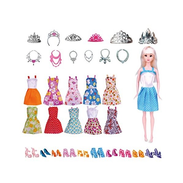 GROCERYI 32 pcs Vêtements & Accessoires de Poupée, Vêtements Poupée, Vêtement Accessoires De Poupée, 10 Mini Robes, 10 Paires