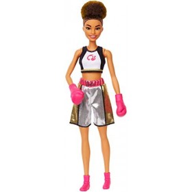 Barbie Métiers poupée Boxeuse brune, portant une brassière, un short métallisé et des gants de boxe roses, jouet pour enfant,