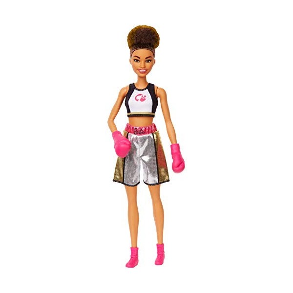 Barbie Métiers poupée Boxeuse brune, portant une brassière, un short métallisé et des gants de boxe roses, jouet pour enfant,