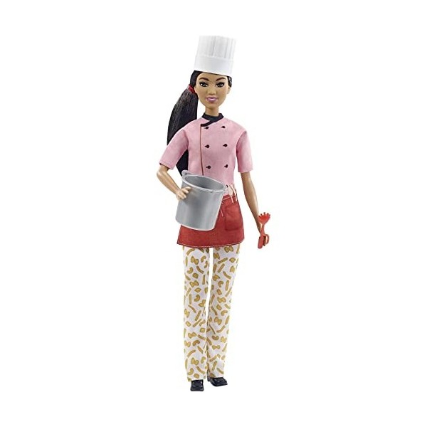 Barbie Métiers poupée Cheffe Brune avec Veste Rose, Pantalon à imprimé pâtes, Toque et 2 Accessoires, Jouet pour Enfant, GTW3