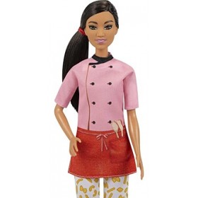 Barbie Métiers poupée Cheffe Brune avec Veste Rose, Pantalon à imprimé pâtes, Toque et 2 Accessoires, Jouet pour Enfant, GTW3